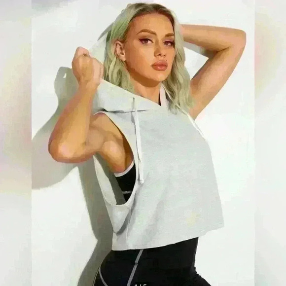 SHEIN Gray Solid Drawstring Sleeveless Hoodie NWOT - Picture 1 of 7
